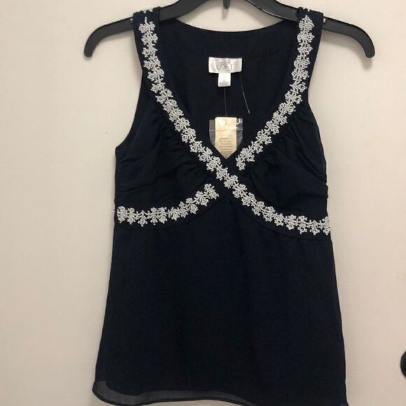 Ann Taylor Loft navy blue beaded halter - Picture 1 of 5